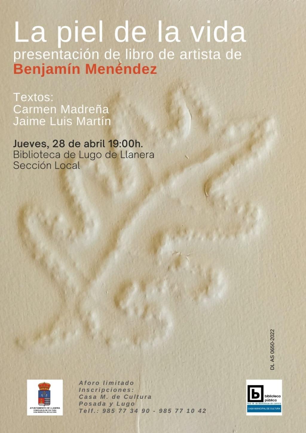 El Tapin - Benjamín Menéndez presentará su libro “La piel de la vida” el jueves 28 de abril a las 19 horas en la Biblioteca de Lugo