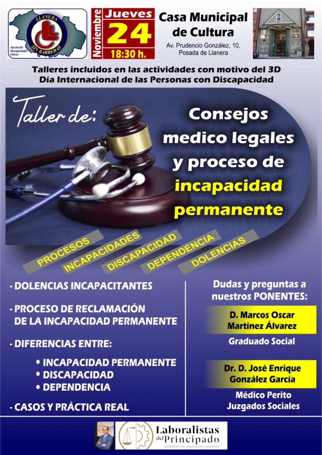 El Tapin - Llanera sin Barreras organiza el taller “Consejo médico legales y proceso de incapacidad permanente” el jueves 24 de noviembre en la Casa de Cultura de Posada