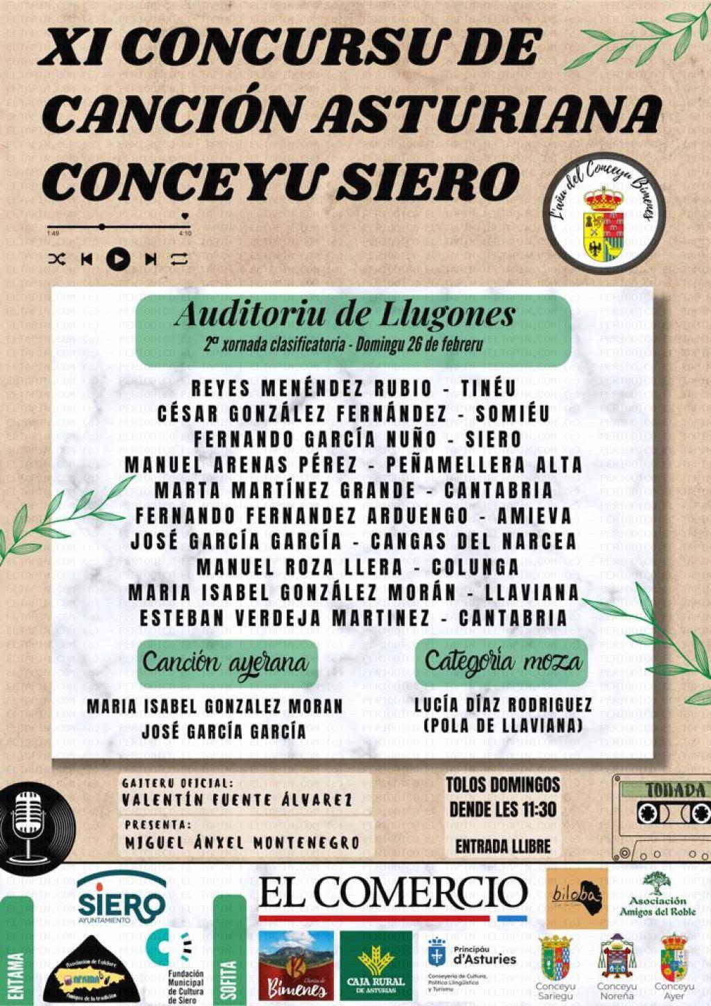 El Tapin - La segunda jornada clasificatoria del XI Concursu de Canción Asturiana Conceyu Siero se celebra el 26 de febrero en el Centro Polivalente de Lugones