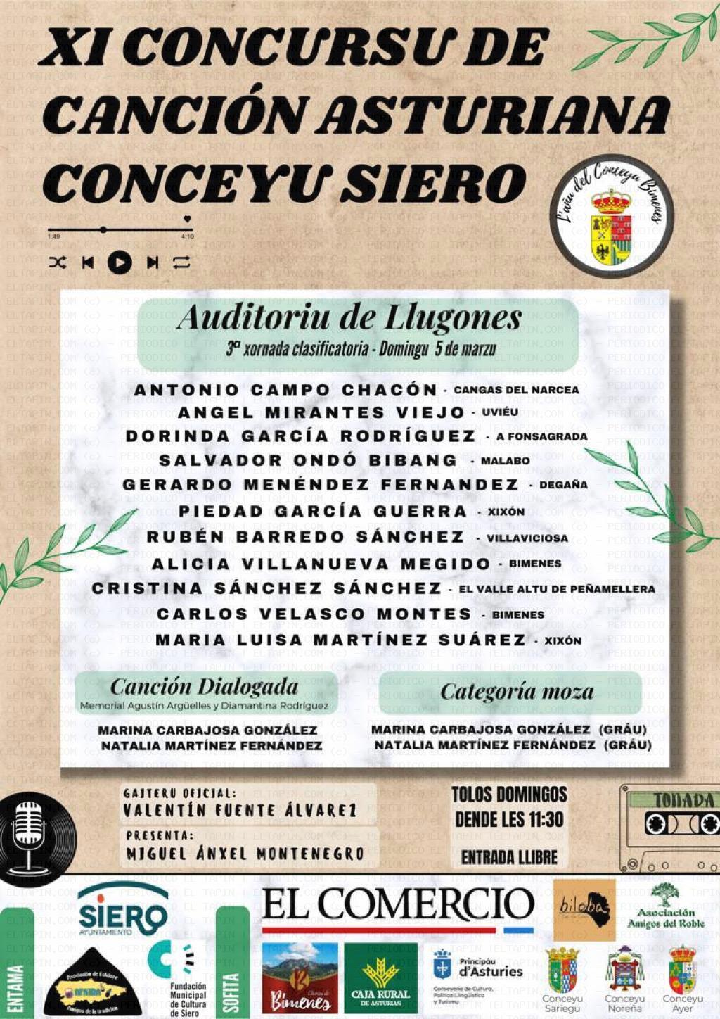 El Tapin - 3º Jornada clasificatorio del XI Concursu de Canción Asturiana Conceyu de Siero será el 5 de marzo en el Centro Polivalente de Lugones