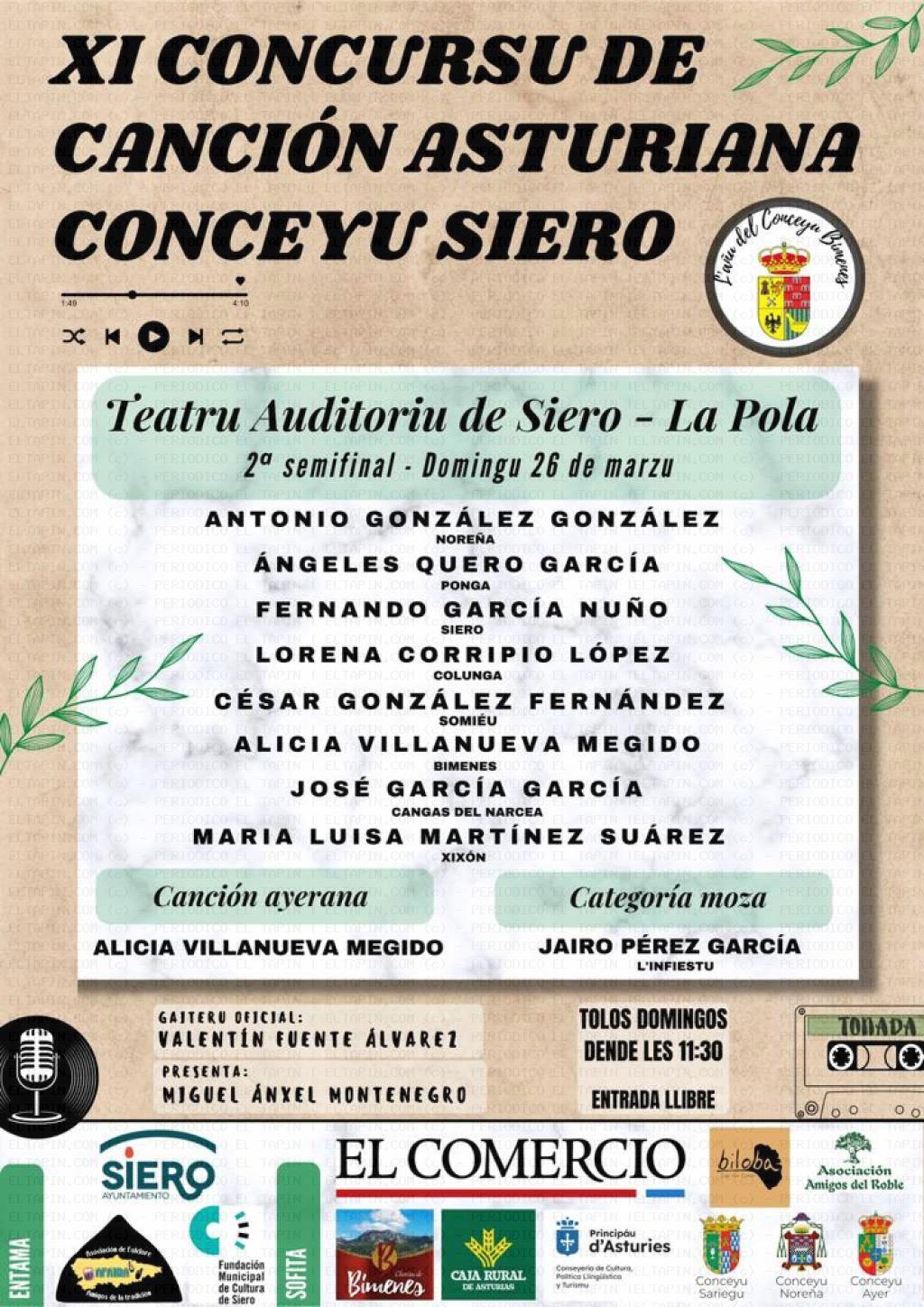 El Tapin - La 2º Semifinal del XI Concursu de Canción Asturiana Conceyu Siero se celebrará el domingo 26 de marzo 