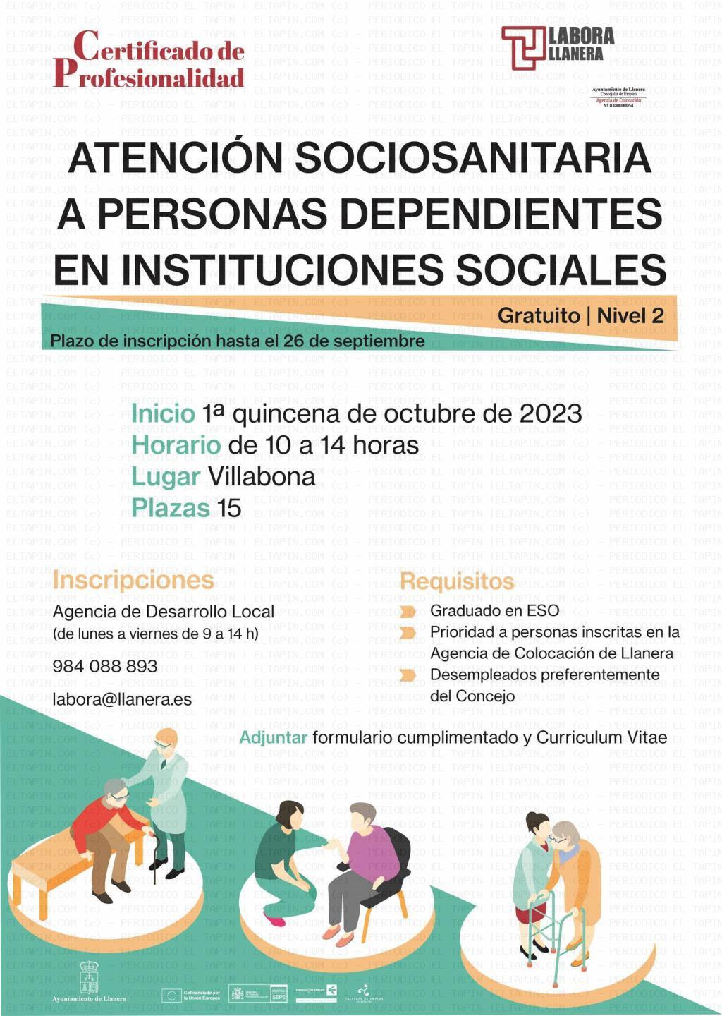 El Tapin - Llanera impartirá de forma gratuita el certificado de profesionalidad: “Atención sociosanitaria a personas dependientes en instituciones sociales”
