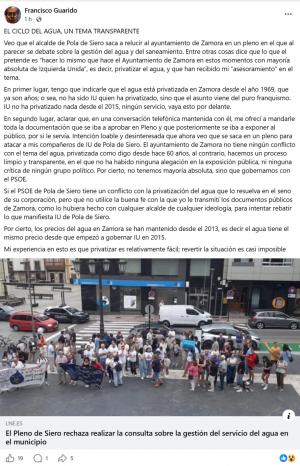 El Tapin - IU Siero asegura que Guarido desmonta el intento del alcalde de usar Zamora para justificar la privatización del agua