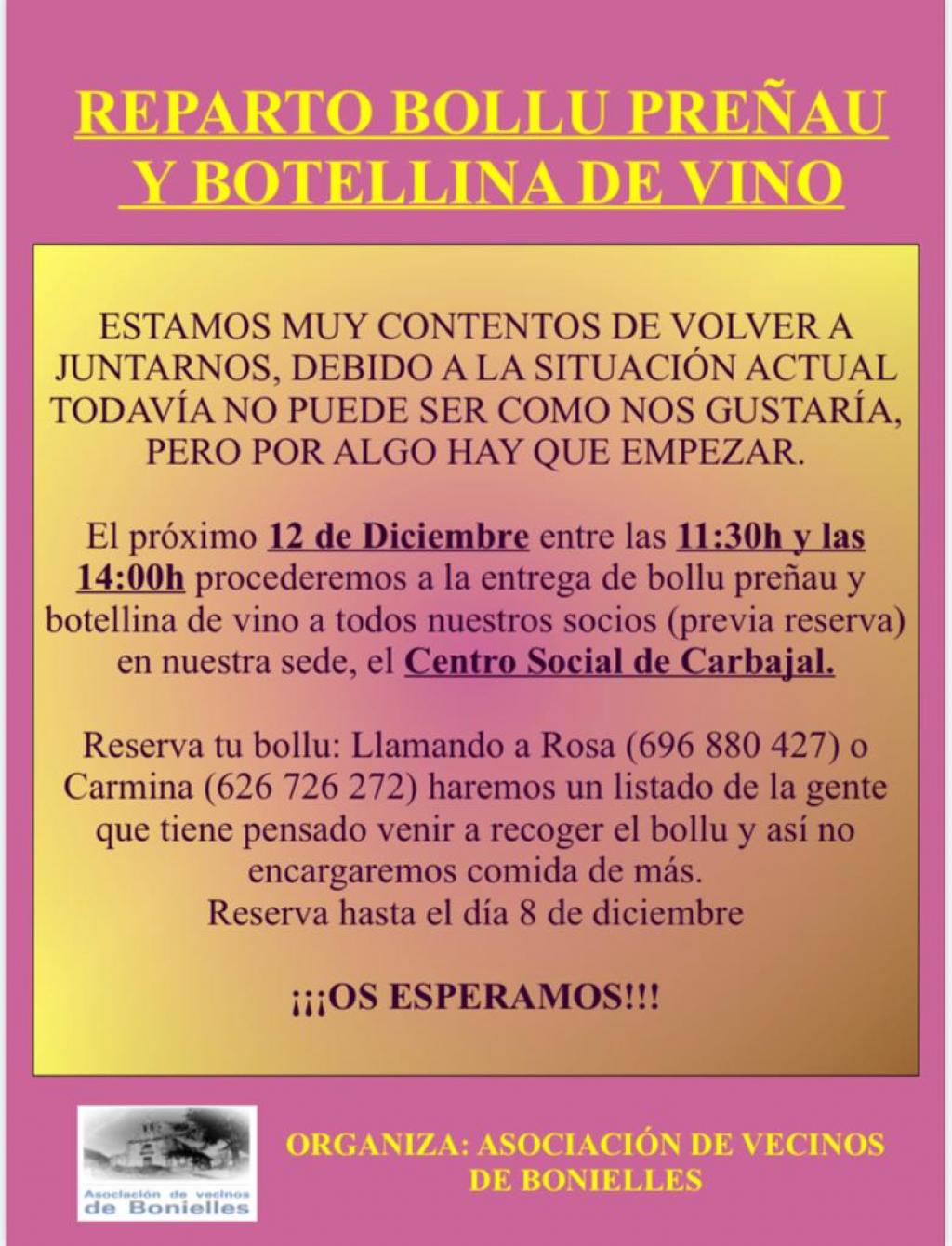 El Tapin - La Asociación de Vecinos de Bonielles repartirá el bollo preñáu y la botellina de vino entre los socios el 12 de diciembre