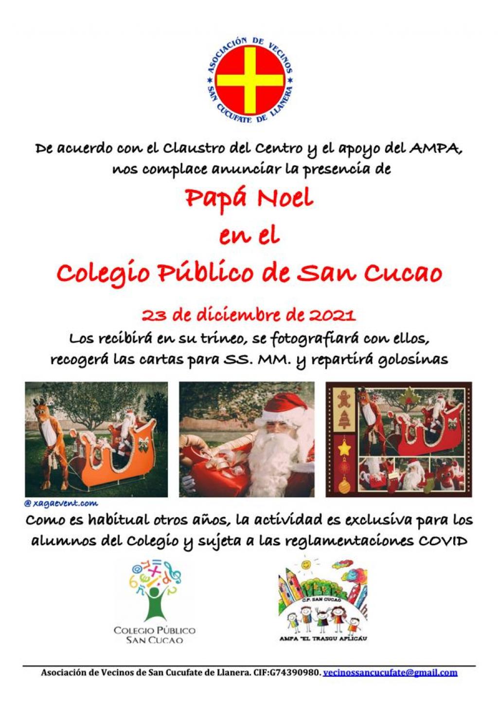 El Tapin - La Asociación de Vecinos de San Cucufate organiza la visita de Papa Noel al colegio público de San Cucao el 23 de diciembre